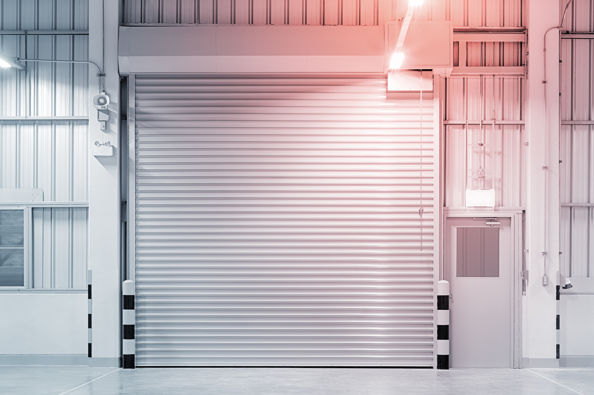 shutter door and steel door and concrete floor blue and red colo